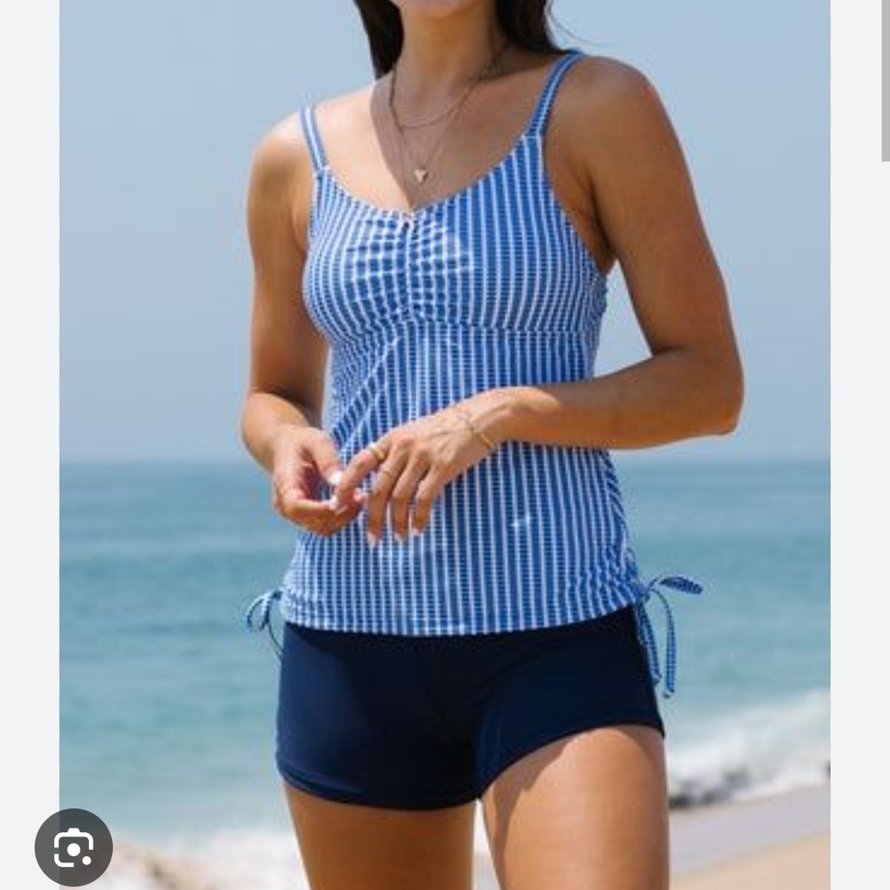 NWT Beachsissi Blue Striped Tankini Top and Navy Shorts ~XL